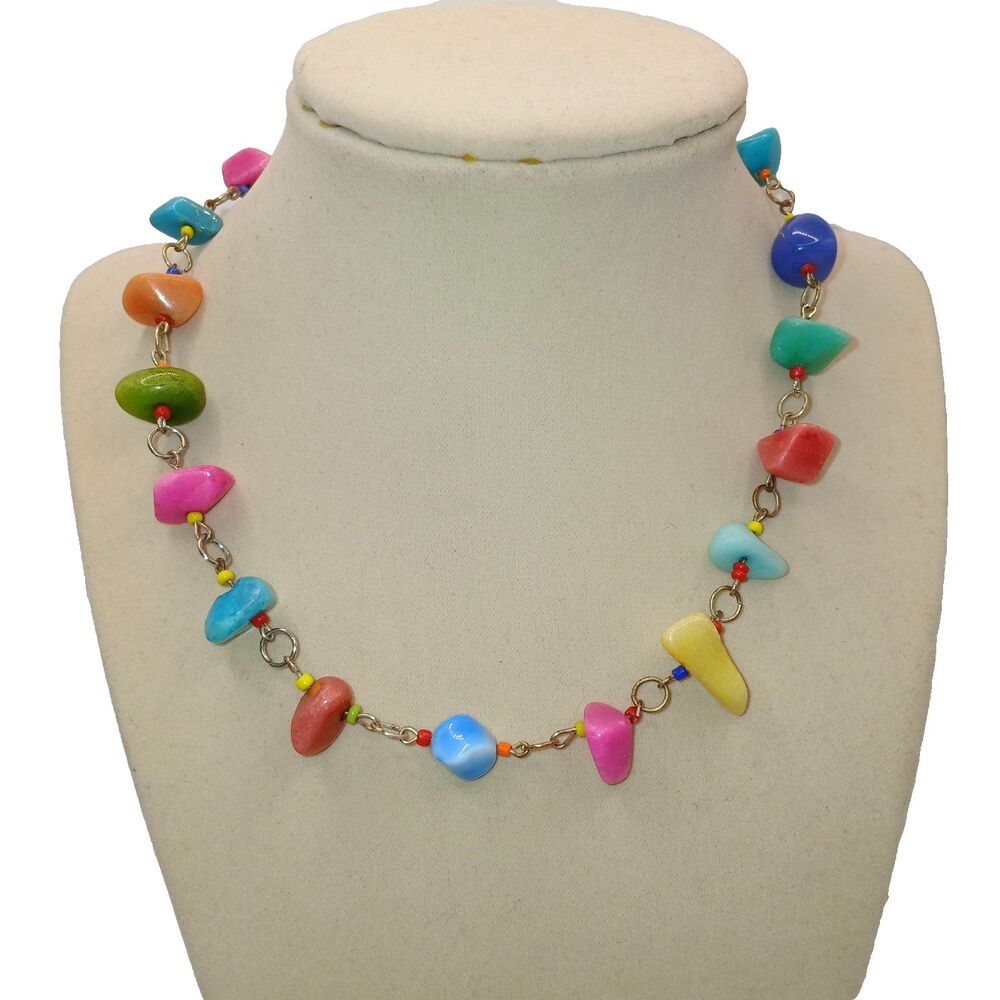 Colorful Gemstone Link Necklace  Candy Jade Handmade Whimsical OOAK 16 in + 2 in